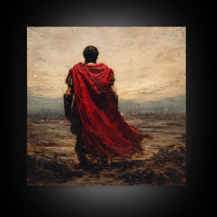 Red Cloaked Roman Warrior Framed Canvas Print, Ancient Battlefield Oil Painting, Classical Landscape Wall Art For Office