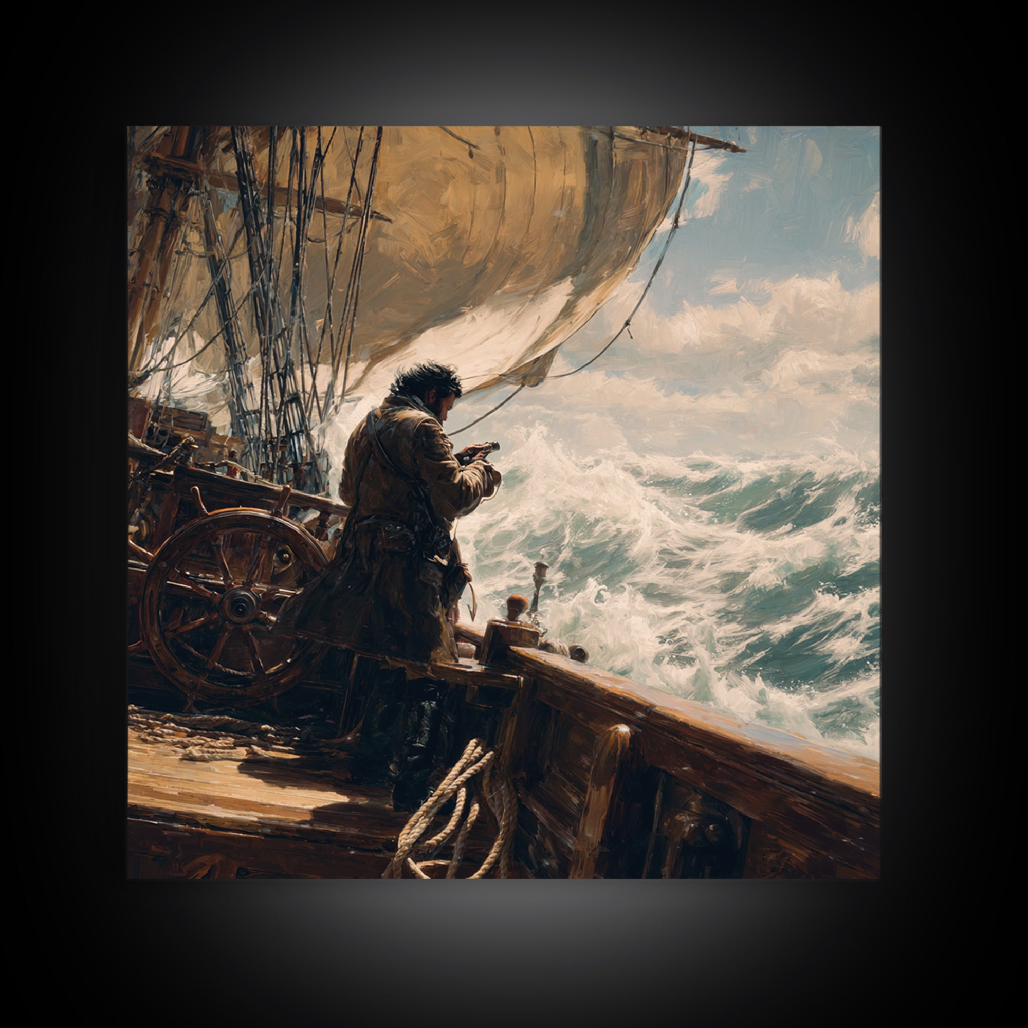 Stormy Sailor On Tall Ship Wall Art, Nautical Oil Painting, Coastal Decor, Maritime Canvas, Ocean Gift For Him, Living Room Decor