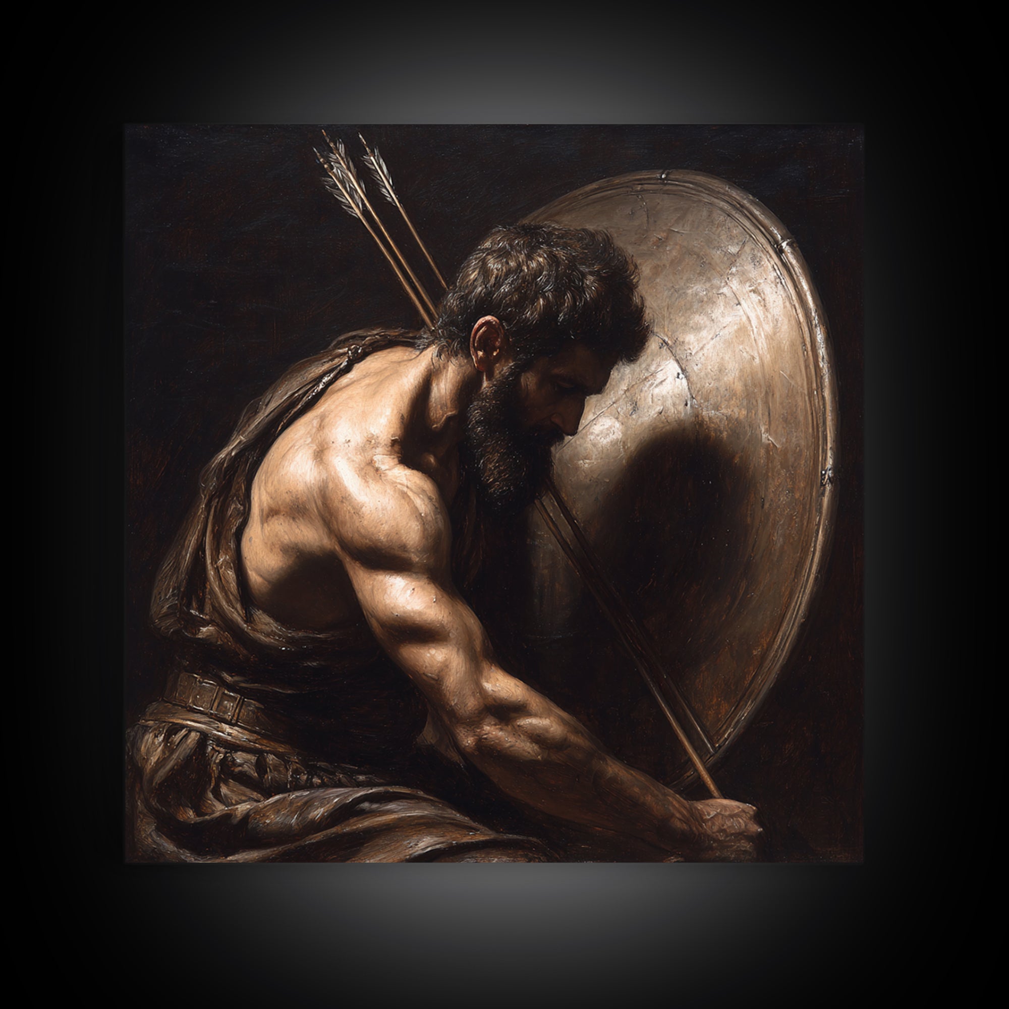Bearded Warrior With Shield Wall Art, Classical Figurative Oil Painting, Dark Masculine Decor, Gift For Him, Office Decor