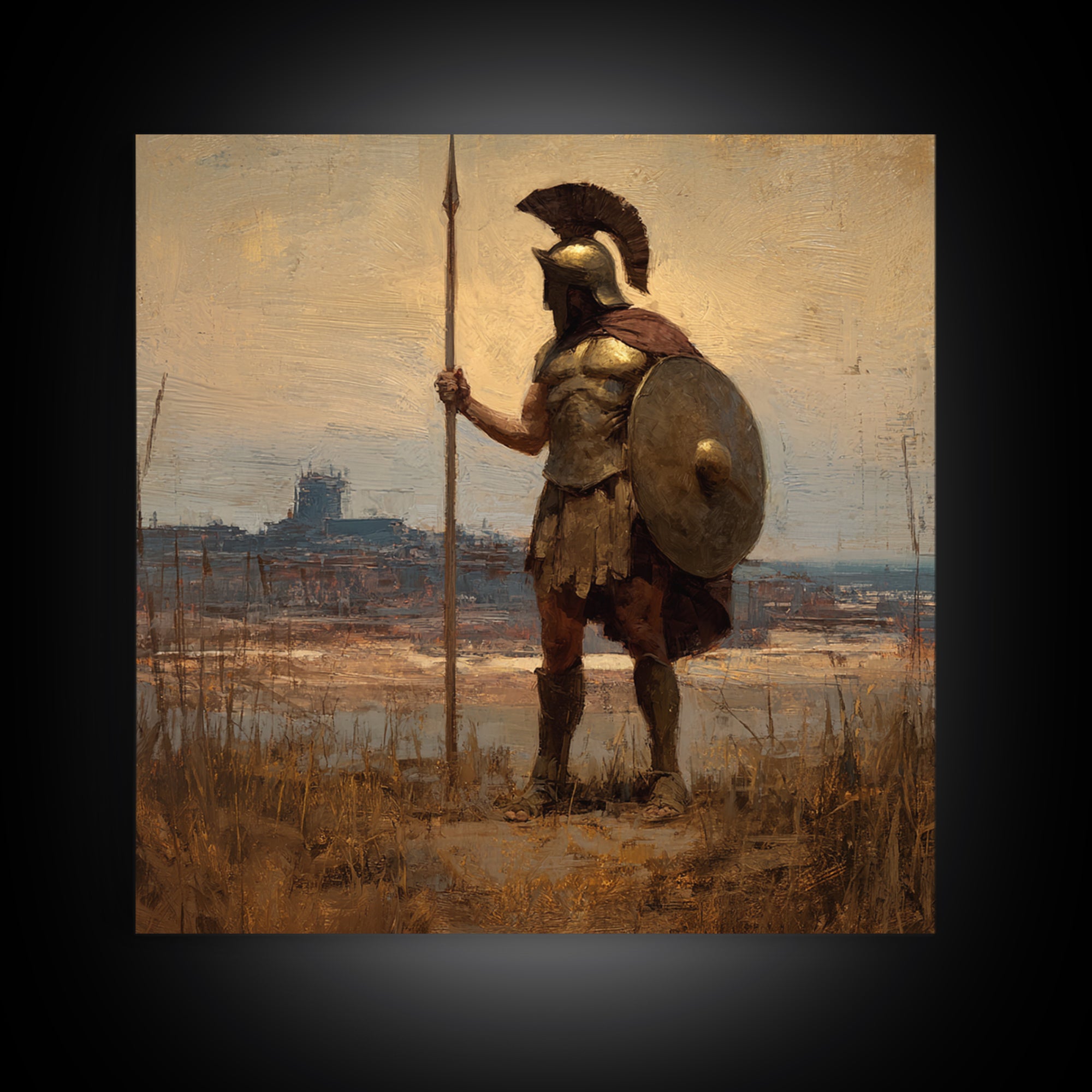 Spartan Guard With Spear And Shield Canvas Print, Greek Warrior Landscape, Ancient History Wall Decor, Masculine Office Art