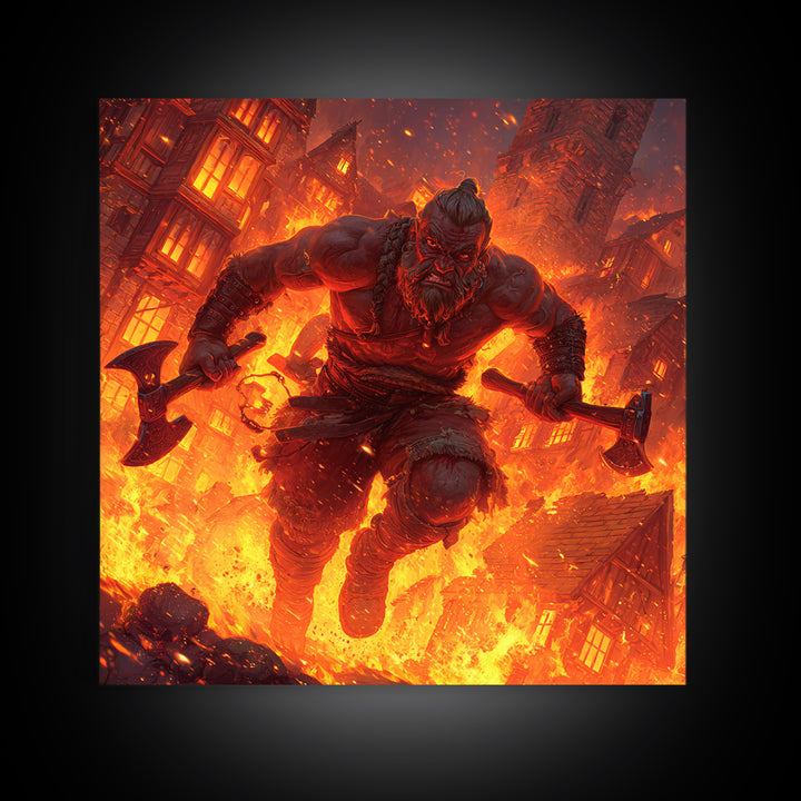 Fire Giant Berserker With Axes Wall Art, Dark Fantasy Canvas, Mythological Warrior Print, Gaming Room Decor, Gift For Him