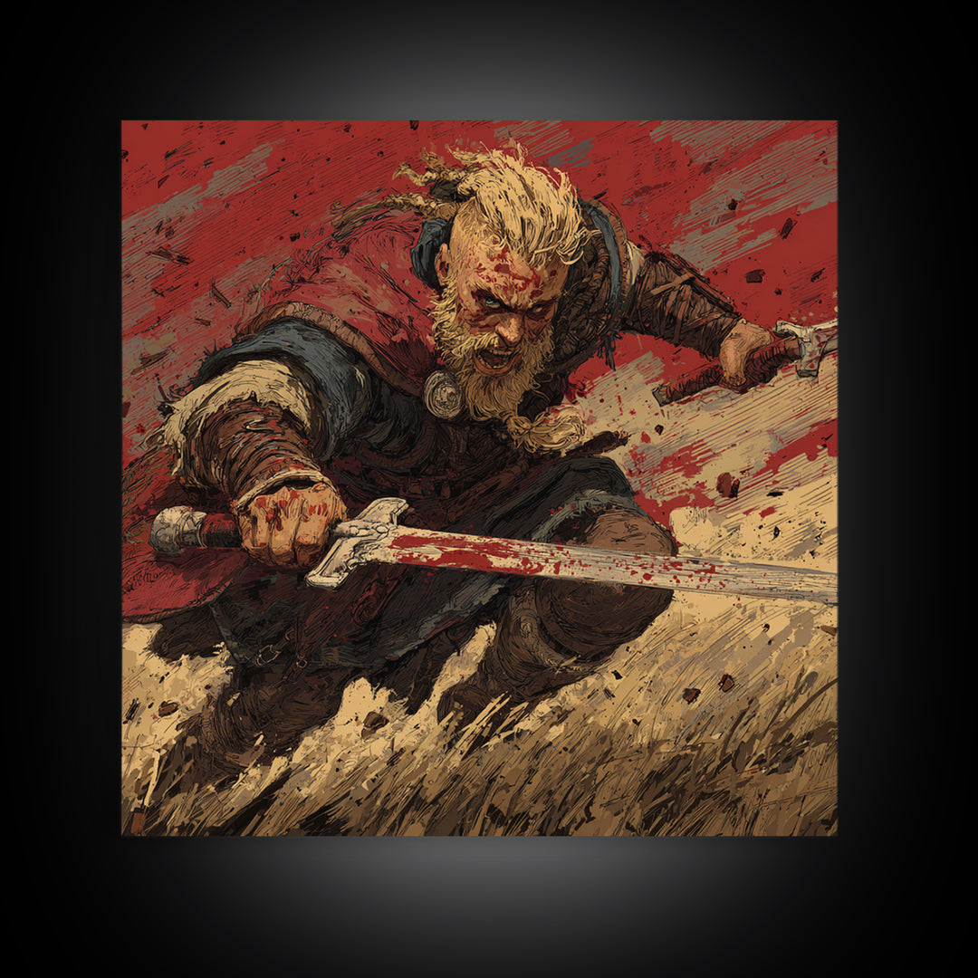 Bloody Viking Warrior With Sword Canvas Print, Bold Norse Battle Art, Dark Fantasy Decor, Masculine Wall Decor Gift For Him