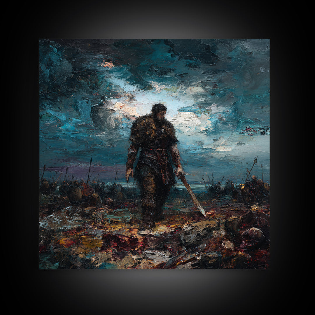 Brooding Warrior With Sword On Stormy Battlefield Canvas Print, Dark Fantasy Art, Masculine Office Decor, Gift For Him, Wall Decor