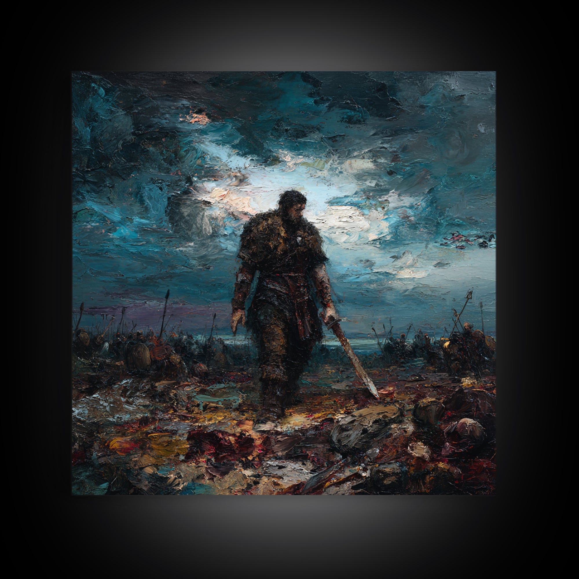 Brooding Warrior With Sword On Stormy Battlefield Canvas Print, Dark Fantasy Art, Masculine Office Decor, Gift For Him, Wall Decor