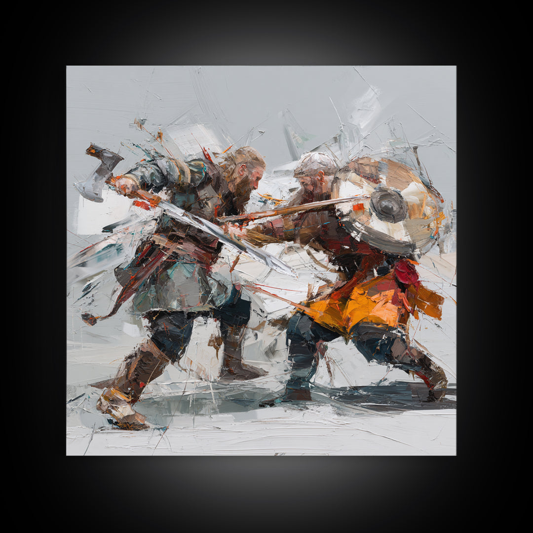 Viking Duel With Swords And Shields Canvas Print, Abstract Warrior Battle Painting, Dynamic Modern Wall Art For Game Room