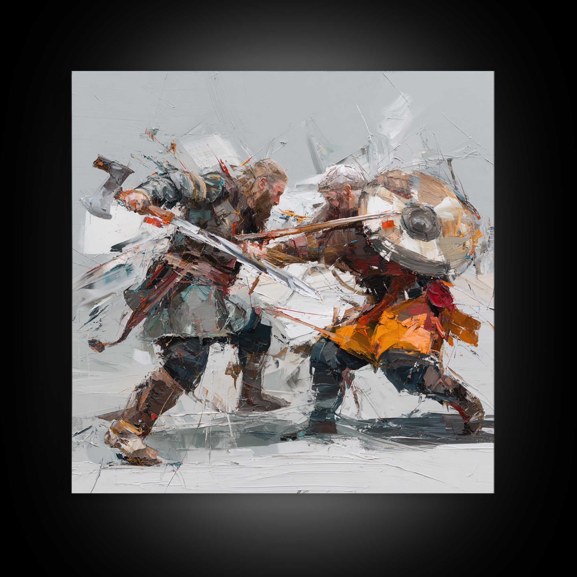 Viking Duel With Swords And Shields Canvas Print, Abstract Warrior Battle Painting, Dynamic Modern Wall Art For Game Room