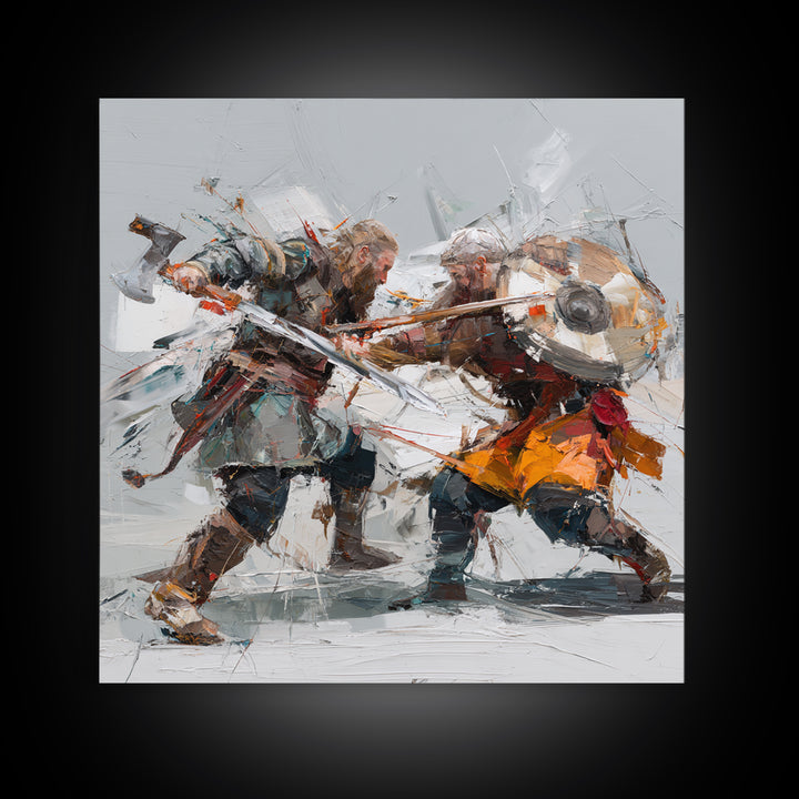 Viking Duel With Swords And Shields Canvas Print, Abstract Warrior Battle Painting, Dynamic Modern Wall Art For Game Room