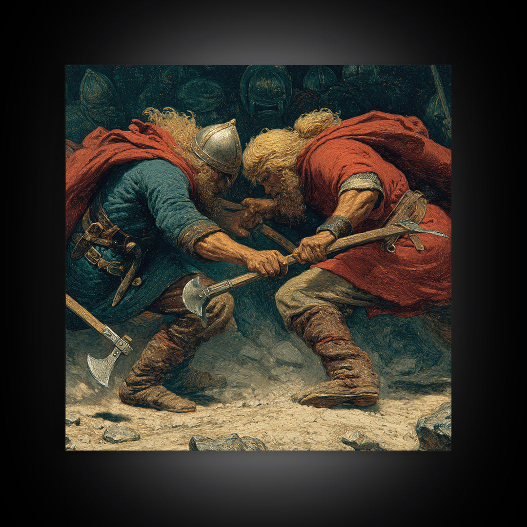 Clashing Viking Warriors With Axes Wall Art, Nordic Battle Painting, Historical Canvas Decor, Dramatic Masculine Office Art