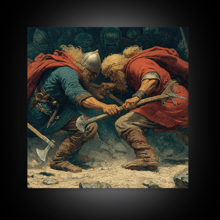 Clashing Viking Warriors With Axes Wall Art, Nordic Battle Painting, Historical Canvas Decor, Dramatic Masculine Office Art