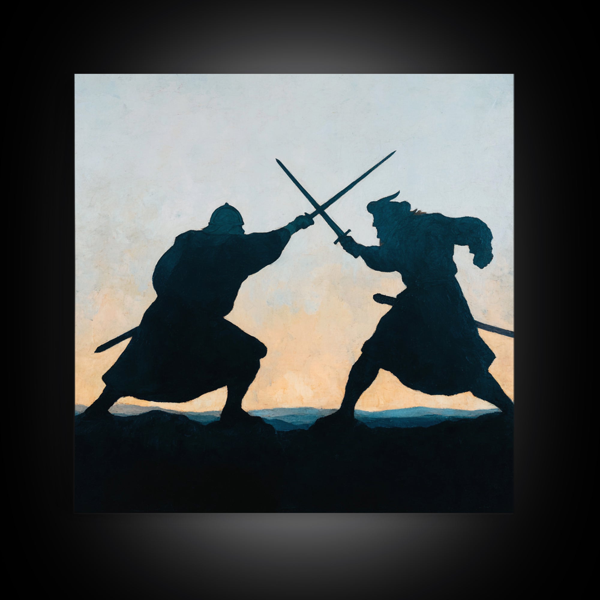Silhouette Sword Duel At Sunset Canvas Print, Medieval Warrior Wall Decor, Viking Battle Art, Minimalist Masculine Gift For Him