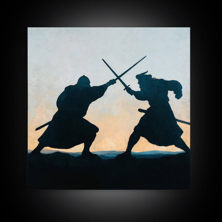 Silhouette Sword Duel At Sunset Canvas Print, Medieval Warrior Wall Decor, Viking Battle Art, Minimalist Masculine Gift For Him