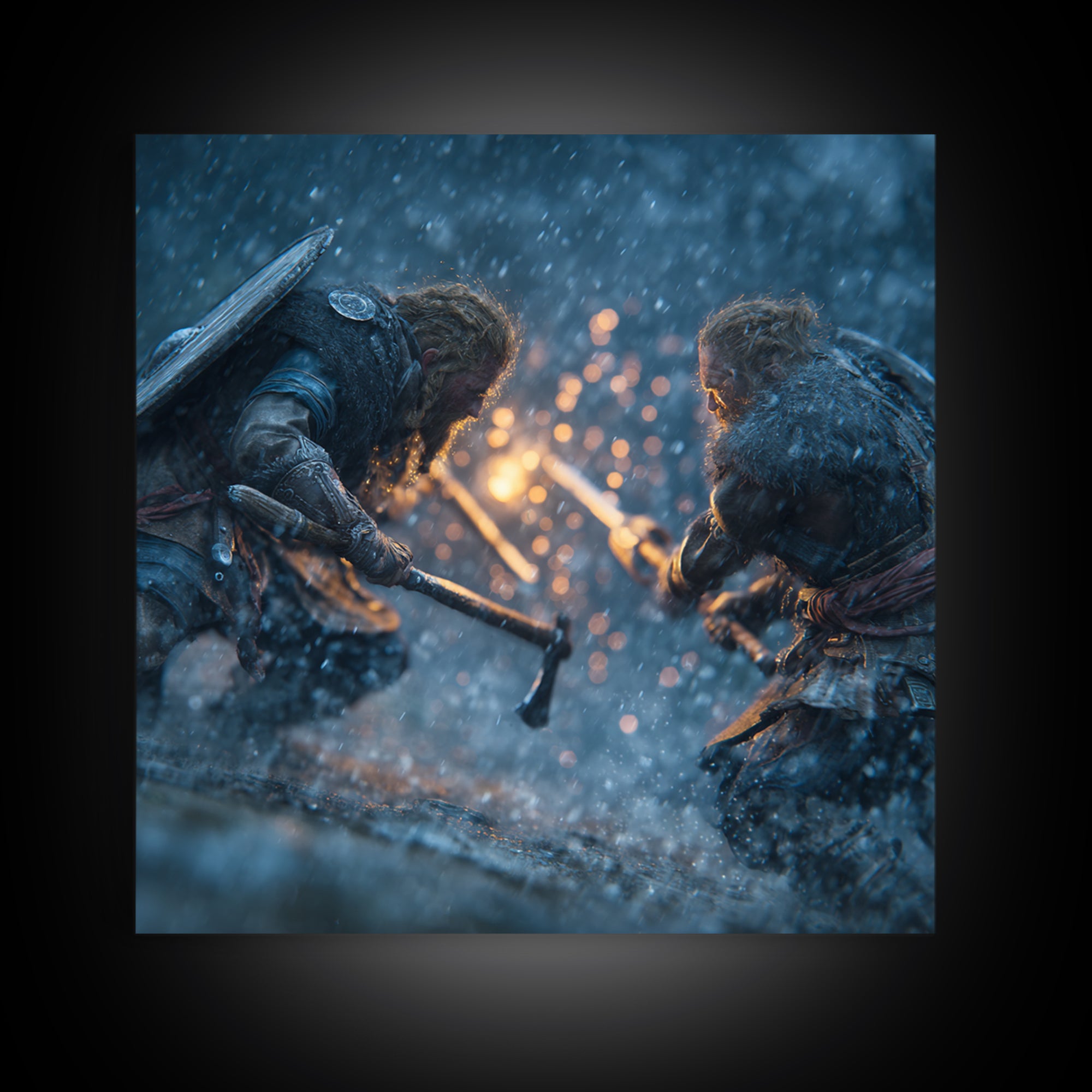Snowy Viking Duel With Axes Wall Art, Norse Battle Canvas Print, Dark Fantasy Decor, Action Artwork, Gift For Him, Nordic Decor