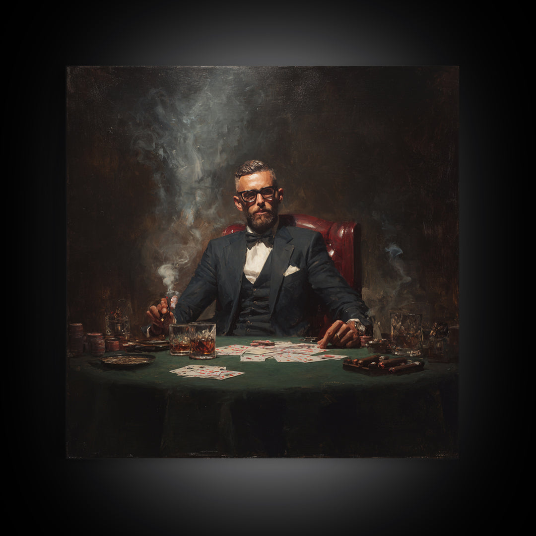Suited Poker Player With Cigar Canvas Print, Speakeasy Bar Art, Casino Wall Decor, Man Cave Gift, Moody Office Decor, For Him