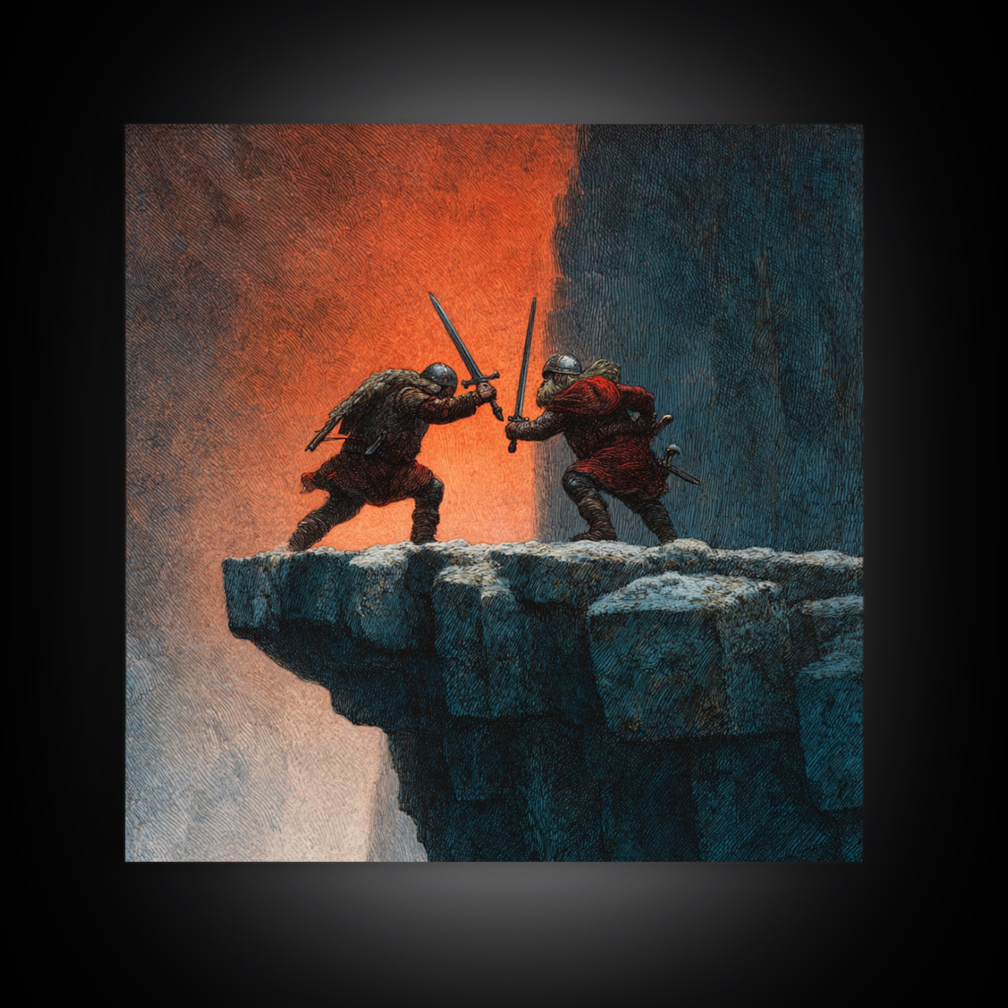 Cliffside Sword Duel Wall Art, Medieval Warriors Battle At Sunset, Dark Fantasy Canvas Print For Game Room And Office Decor