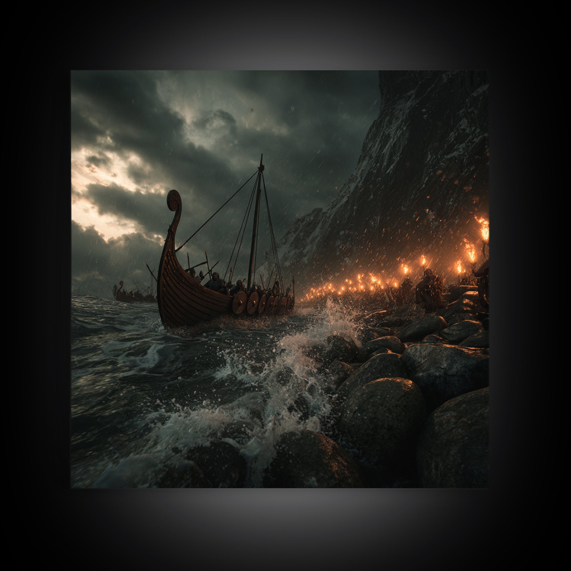 Viking Longship Stormy Shore Framed Canvas Print, Norse Seascape, Dark Fantasy Wall Decor, Masculine Office Art, Viking Wall Art