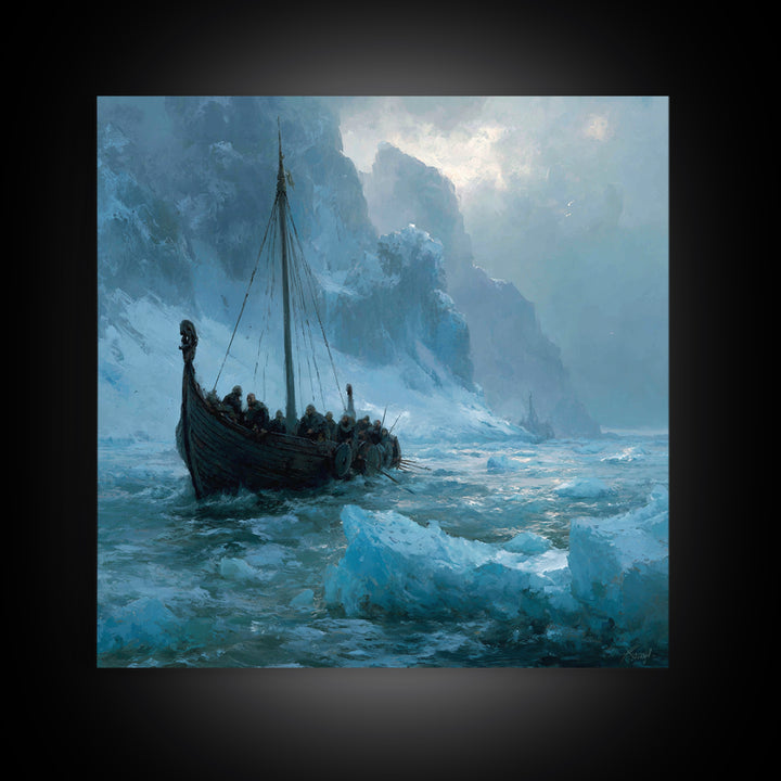 Viking Longship In Icy Fjord, Arctic Seascape Wall Art, Norse Landscape Canvas Print, Coastal Winter Decor, Gift For Him