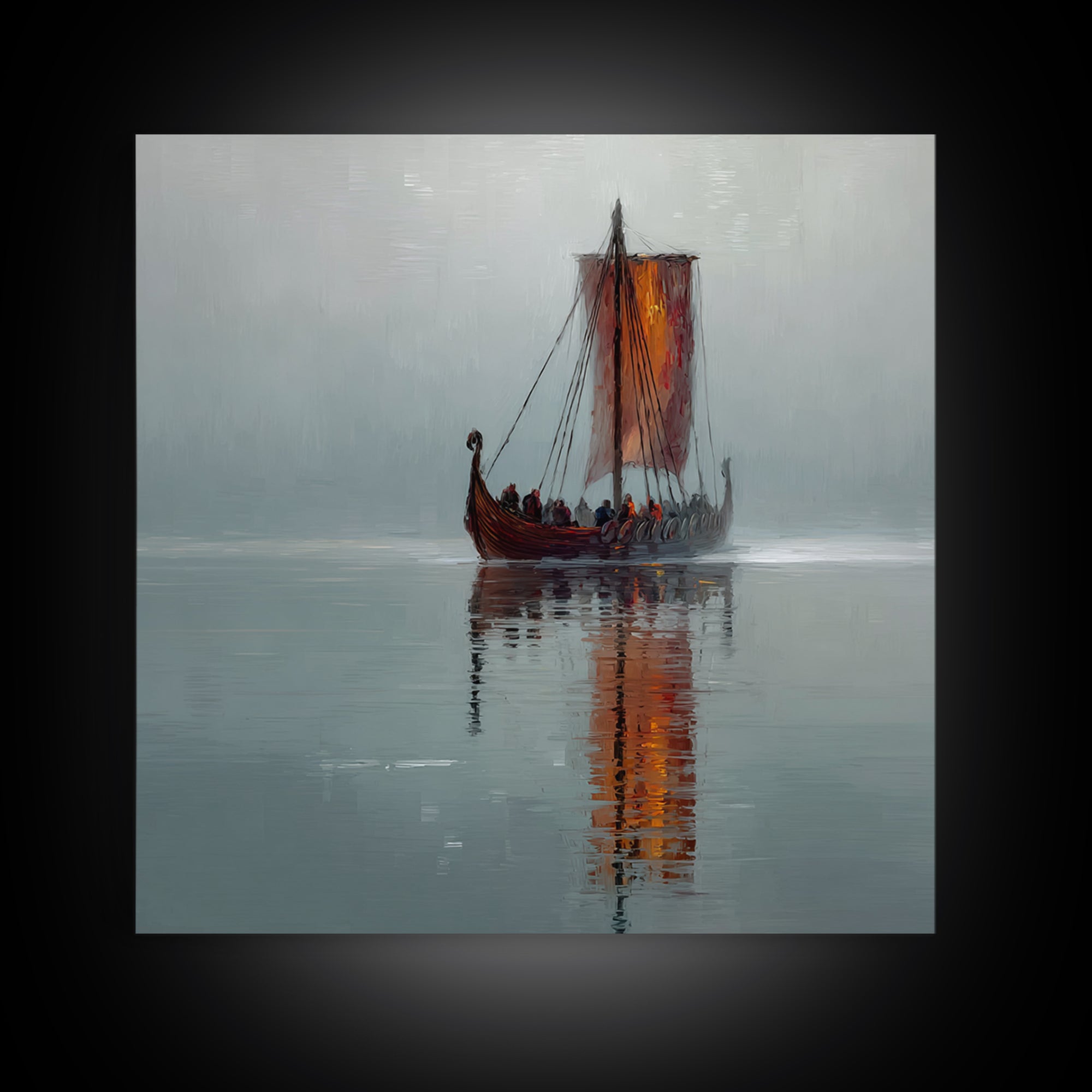 Misty Viking Longship With Red Sail Canvas Print, Nordic Seascape Oil Painting, Nautical Wall Decor, Scandinavian Art, Home Decor