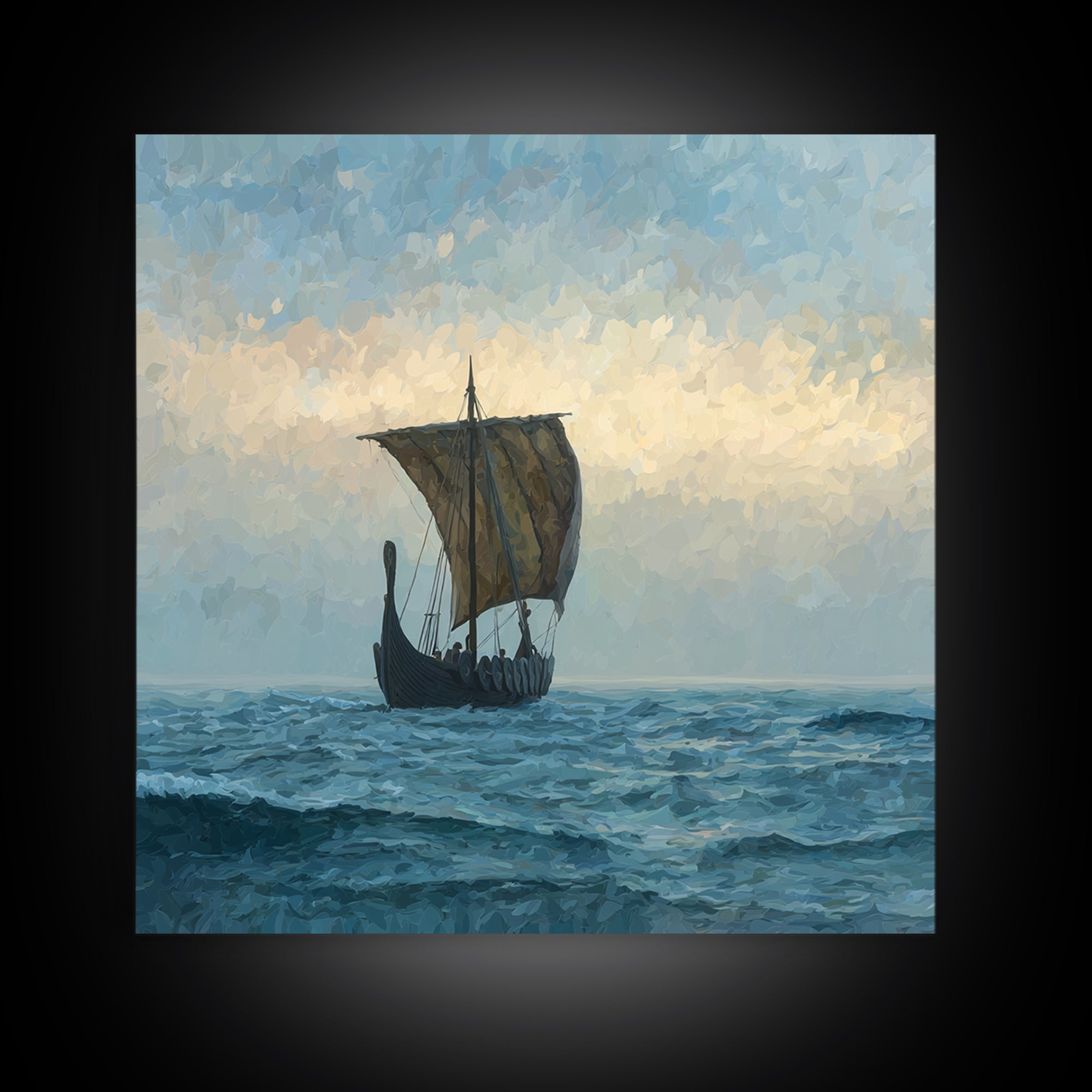 Viking Longship On Stormy Sea Canvas Print, Nautical Fantasy Art, Ocean Landscape Painting, Nordic Coastal Home Decor Gift For Him