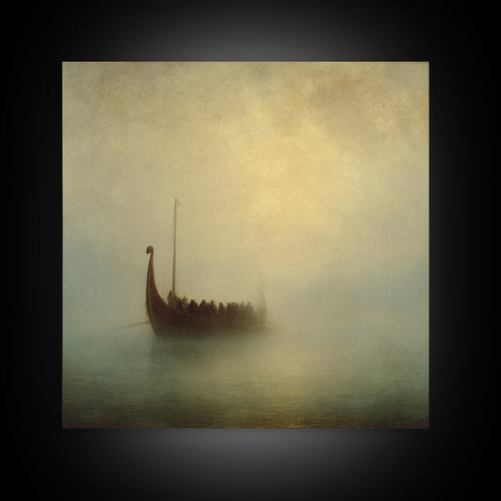 Foggy Viking Longship On Quiet Sea Canvas Print, Nautical Wall Art, Seascape Art, Nordic Art Print, Coastal Home Decor, Wall Decor