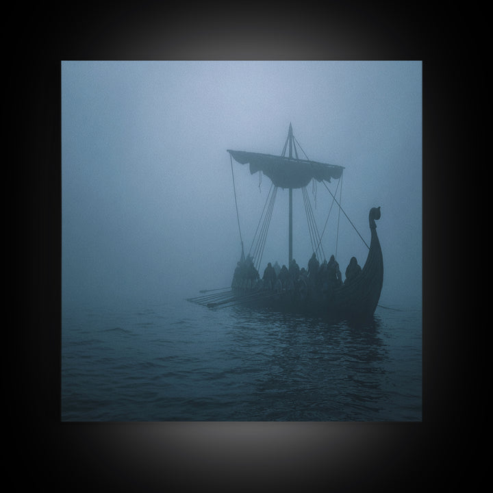 Foggy Viking Longship Wall Art, Nautical Fantasy Canvas Print, Moody Seascape, Nordic Decor, Rustic Coastal Gift For Him