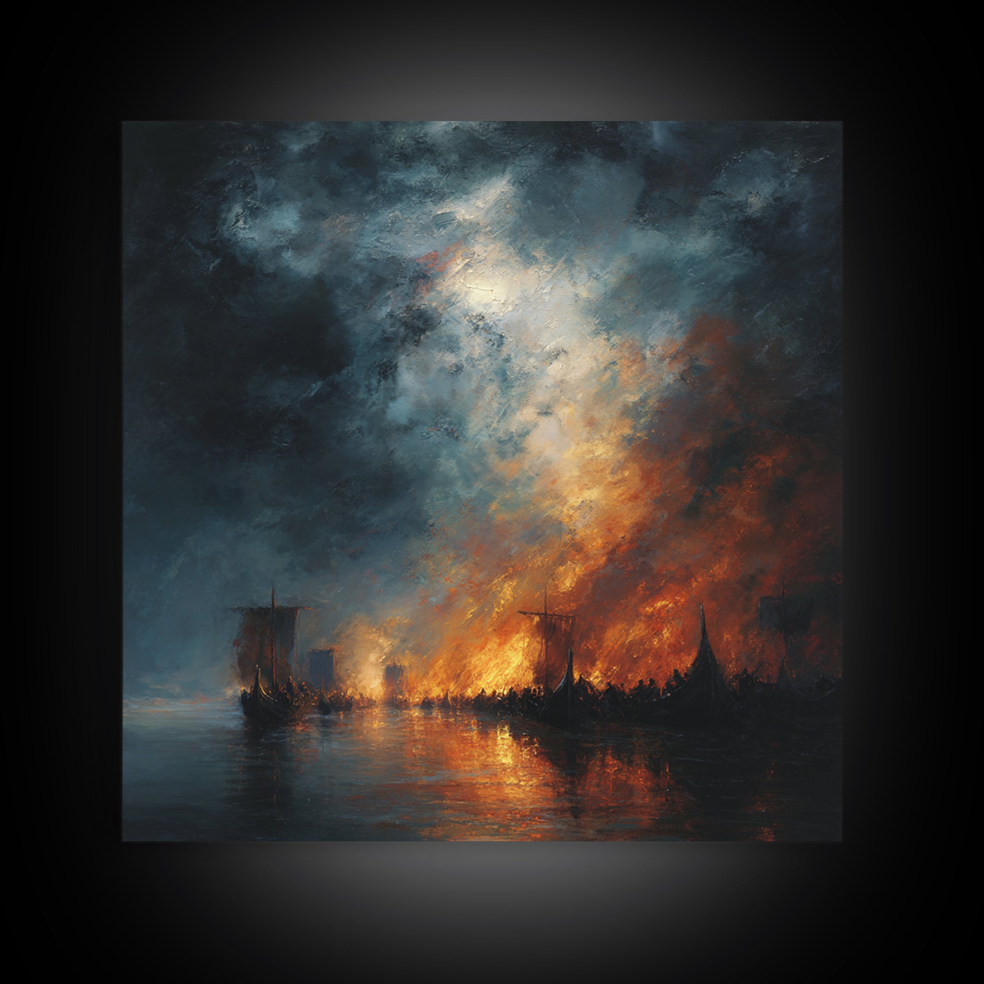 Burning Harbor Ships At Night Wall Art, Moody Seascape Painting, Dramatic Ocean Canvas Art, Dark Coastal Living Room Decor
