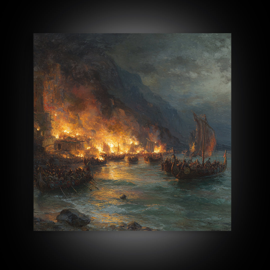 Burning Harbor With Viking Longships Framed Canvas Print, Seascape Art, Historical Wall Art, Dark Nautical Decor, Man Cave Decor
