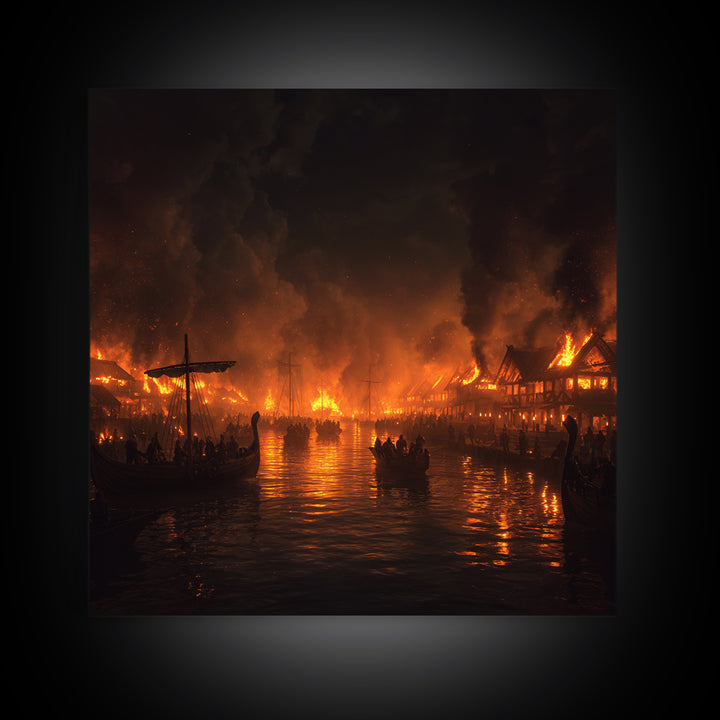 Burning Medieval Harbor And Viking Ships Wall Art, Dark Fantasy Fire Painting, Dramatic Historical Canvas Home Decor, Luxury Wall Decor