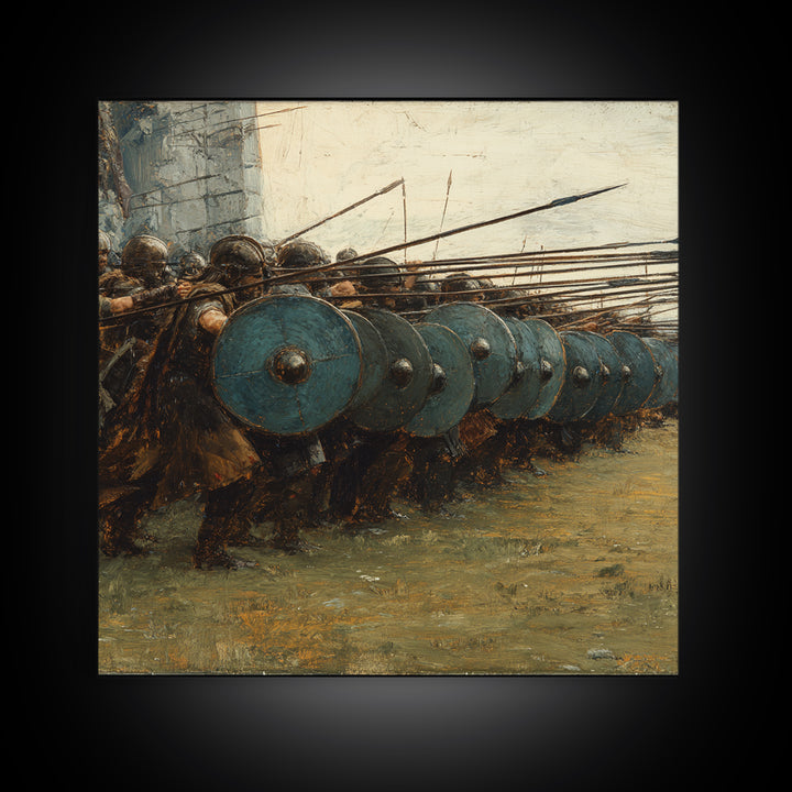 Ancient Shield Wall Soldiers Canvas Print, Greek Battle Formation Oil Painting, Masculine Wall Art For Office Decor Gift