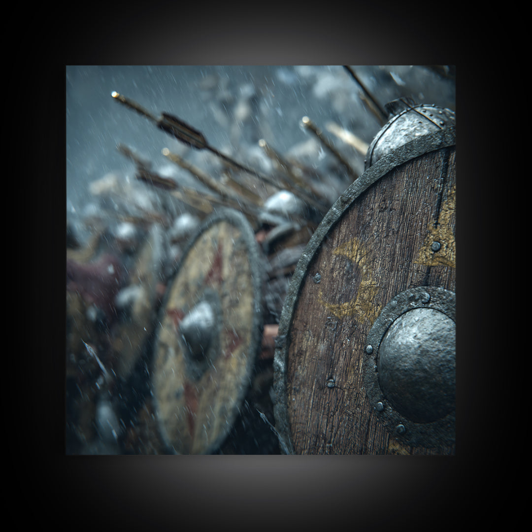 Viking Shield Wall In Snowy Battle Canvas Print, Nordic Warrior Wall Art, Medieval History Decor, Rustic Man Cave Gift, Home Decor