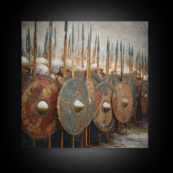 Ancient Shield Wall With Spears Canvas Print, Greek Hoplite Army Wall Art, Historical Battle Decor, Textured Oil Painting