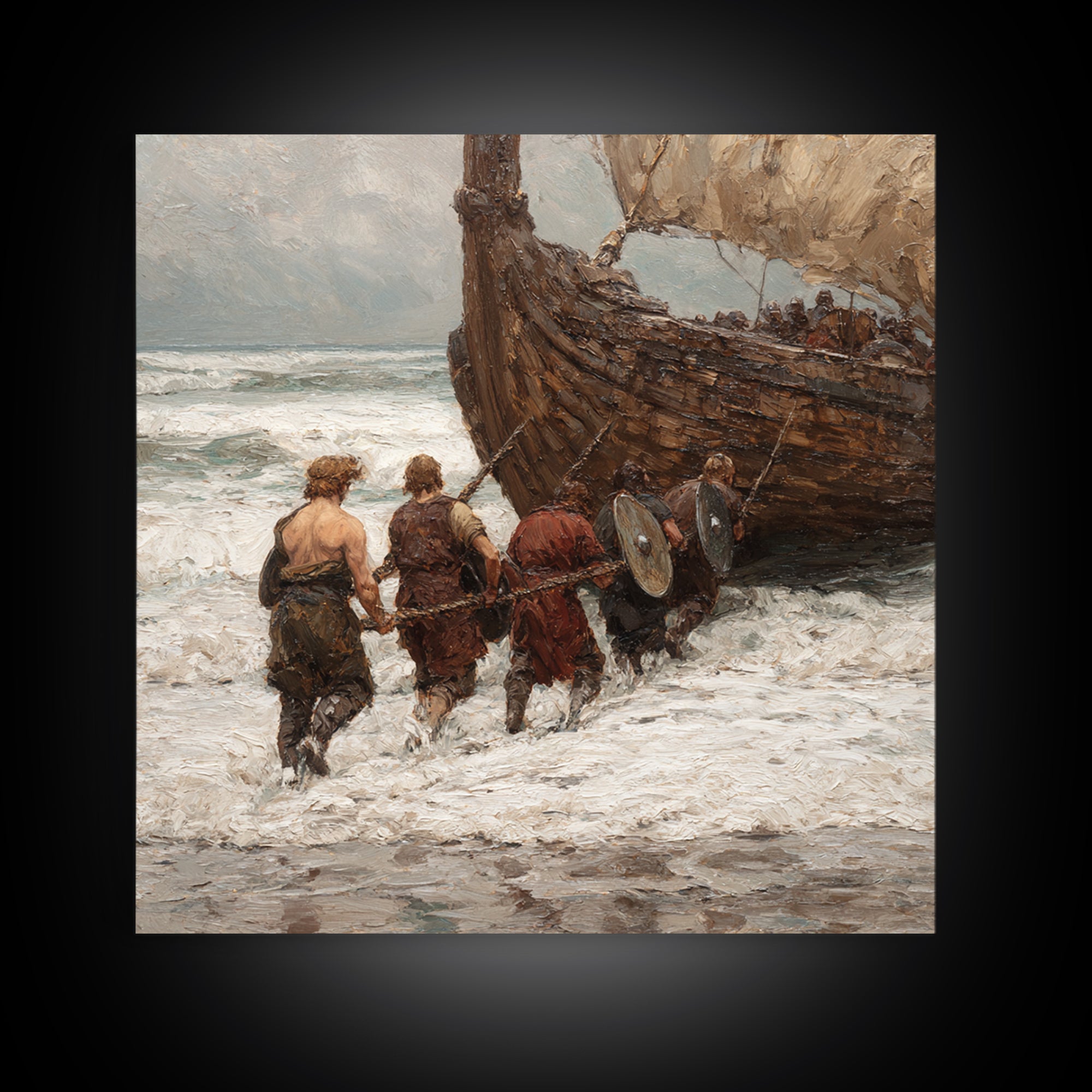 Viking Longship Landing On Stormy Shore Canvas Print, Norse Seascape Oil Painting, Nautical Coastal Wall Decor For Living Room
