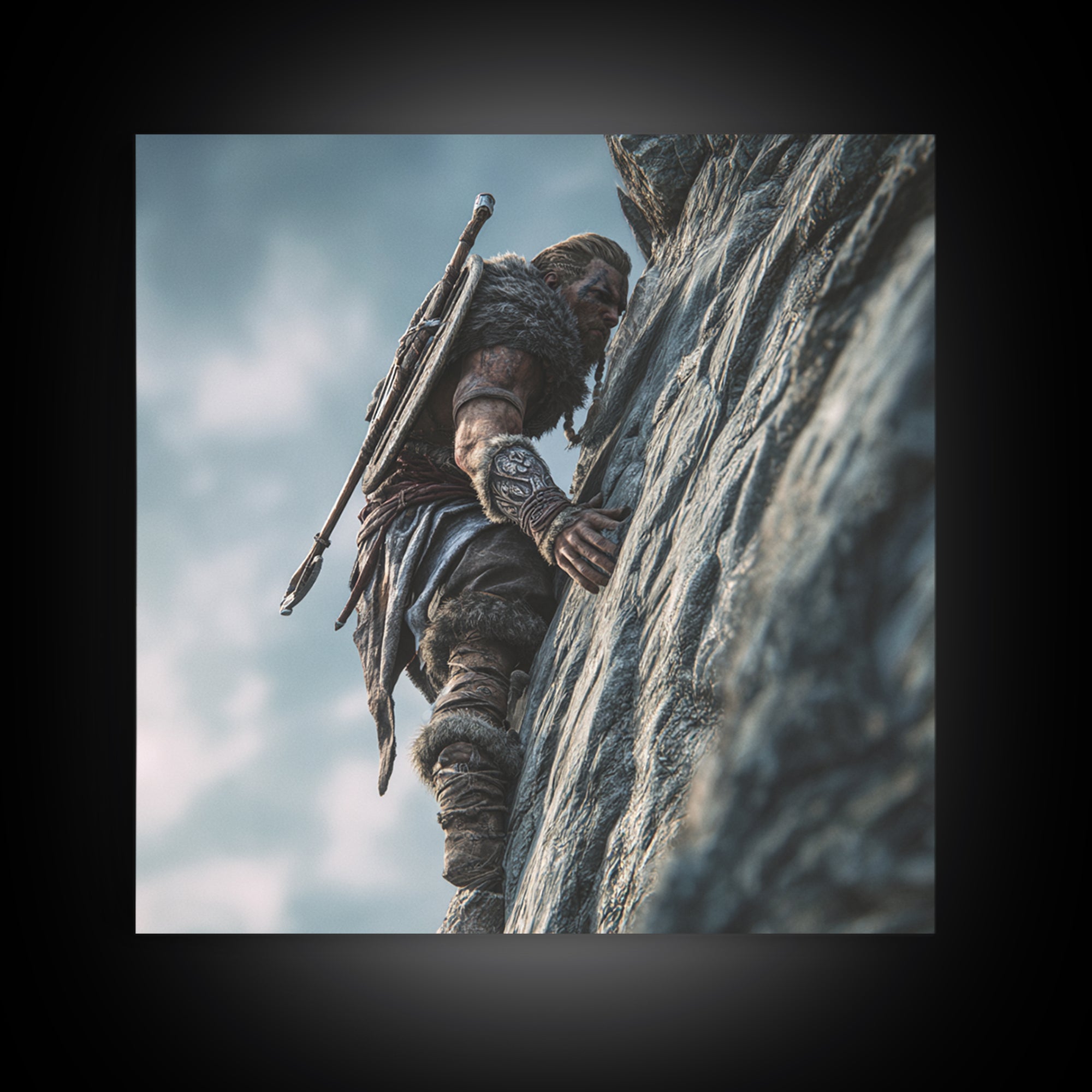 Viking Cliff Climber Warrior Wall Art, Norse Fantasy Canvas Print, Adventure Decor, Mountain Artwork, Gift For Him, Rustic Home Decor