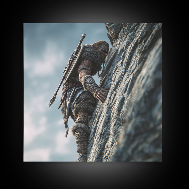 Viking Cliff Climber Warrior Wall Art, Norse Fantasy Canvas Print, Adventure Decor, Mountain Artwork, Gift For Him, Rustic Home Decor