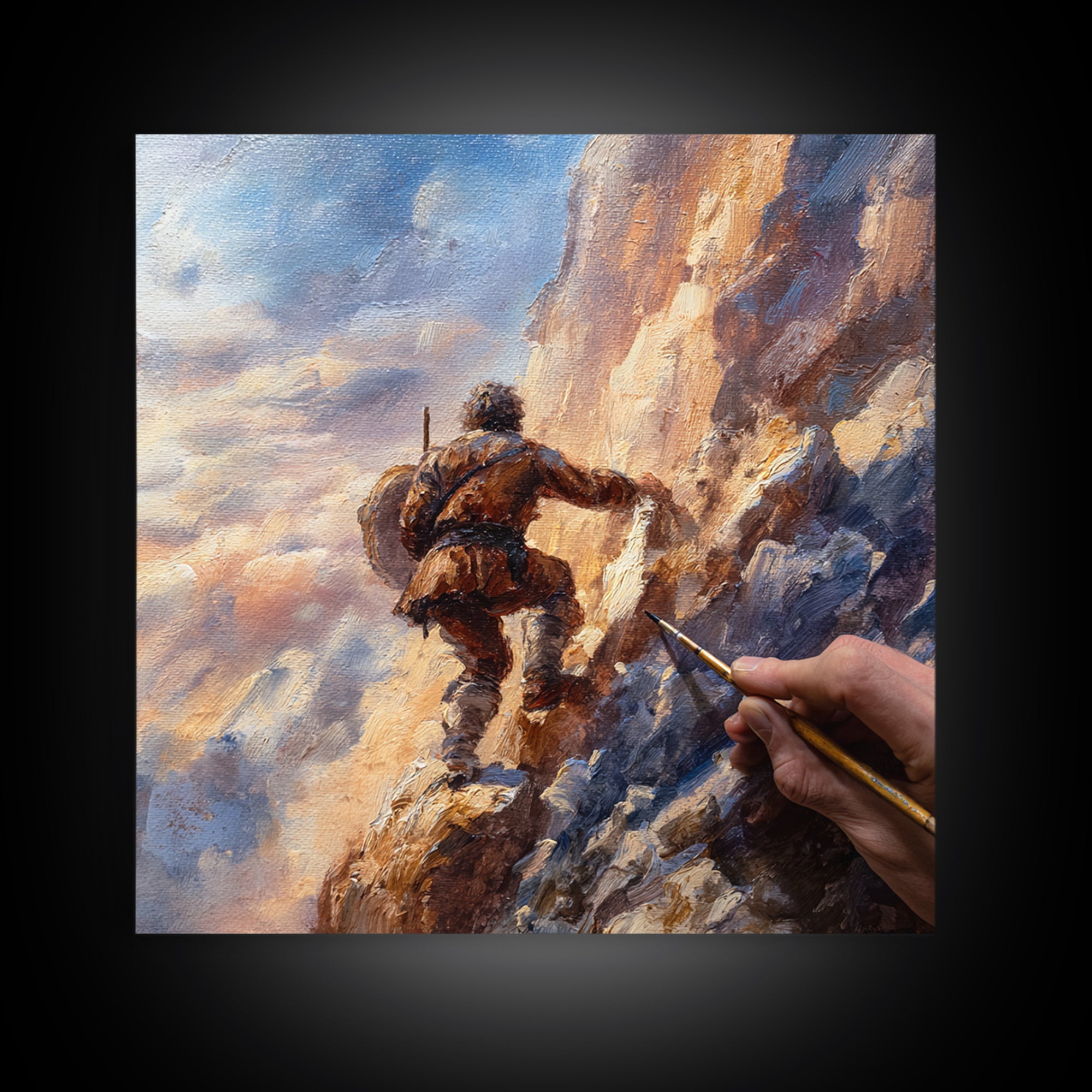 Mountain Climber Adventure Wall Art, Painterly Alpine Oil Painting, Rugged Landscape Canvas Print, Gift For Adventurer Decor