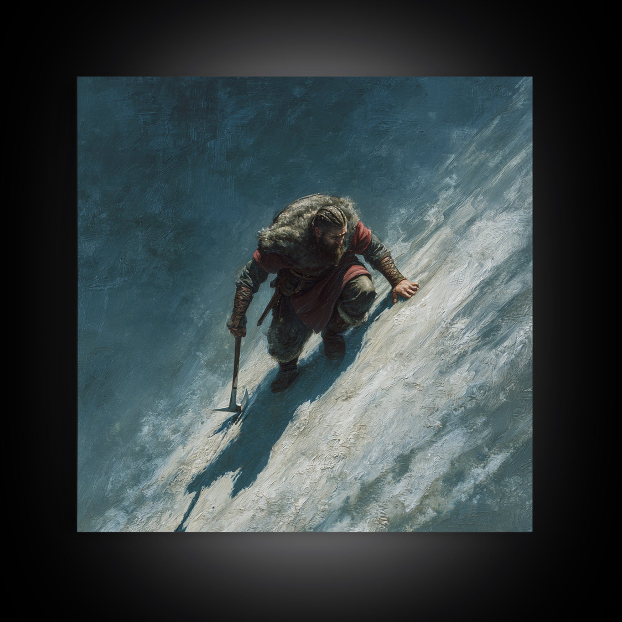 Lone Viking Climbing Icy Mountain Wall Art, Nordic Warrior Oil Painting, Dark Adventure Landscape Office Decor Gift For Him