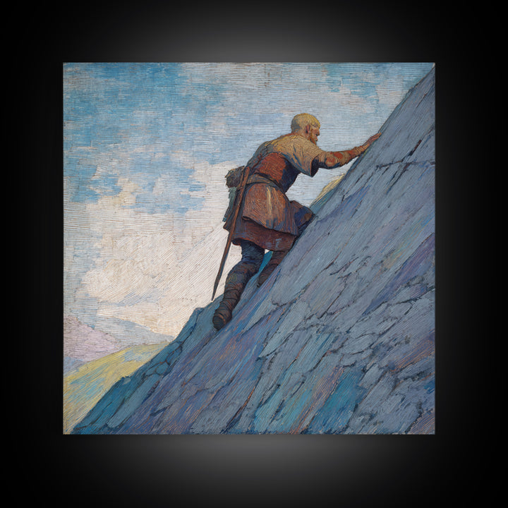 Lone Viking Climbing Icy Mountain Canvas Print, Fantasy Adventure Landscape Art, Nordic Wall Decor, Motivational Office Art