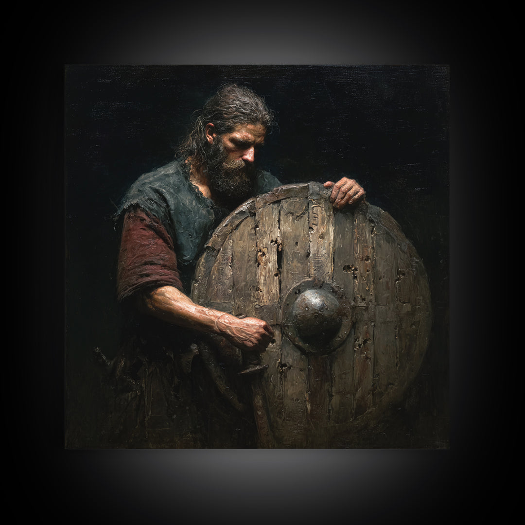 Bearded Warrior Holding Weathered Wooden Shield Canvas Print, Rustic Wall Art, Viking Art, Dark Academia Decor, Gift For Him