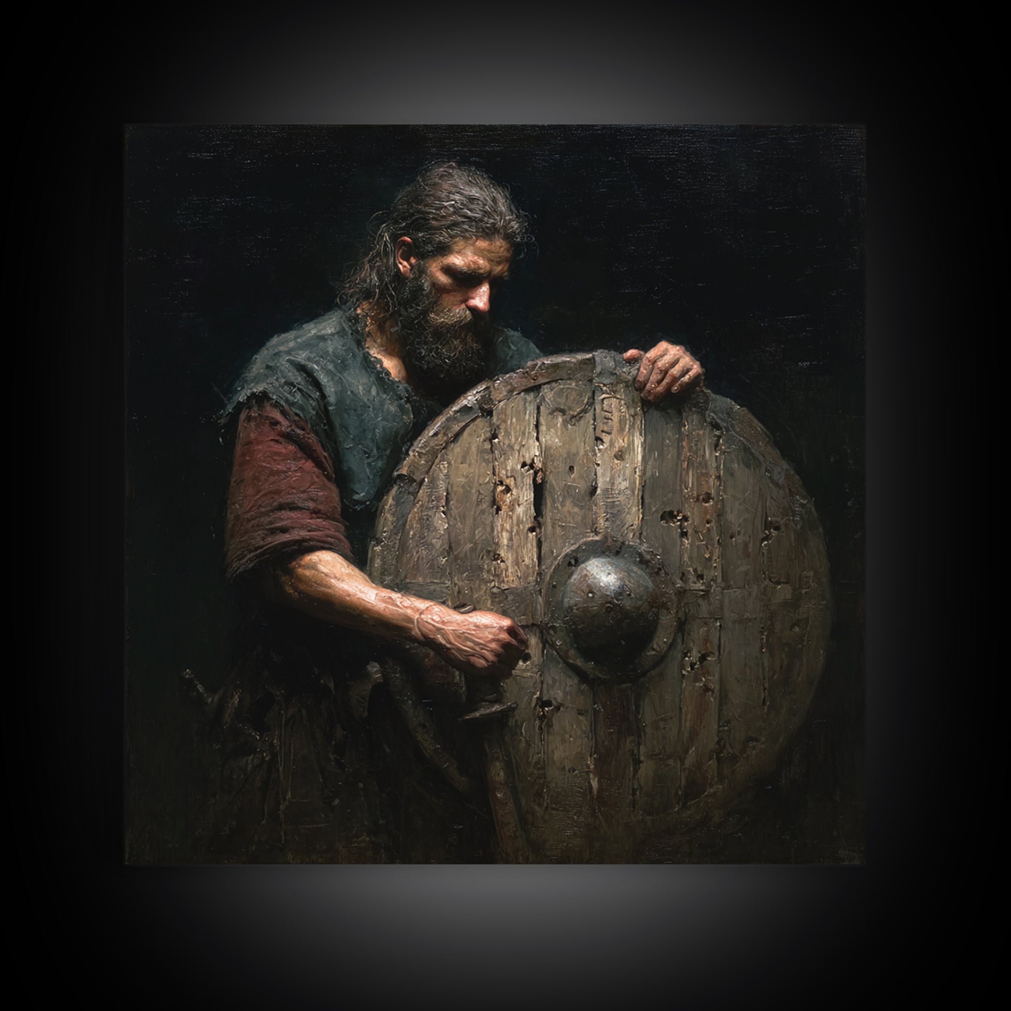Bearded Warrior Holding Weathered Wooden Shield Canvas Print, Rustic Wall Art, Viking Art, Dark Academia Decor, Gift For Him