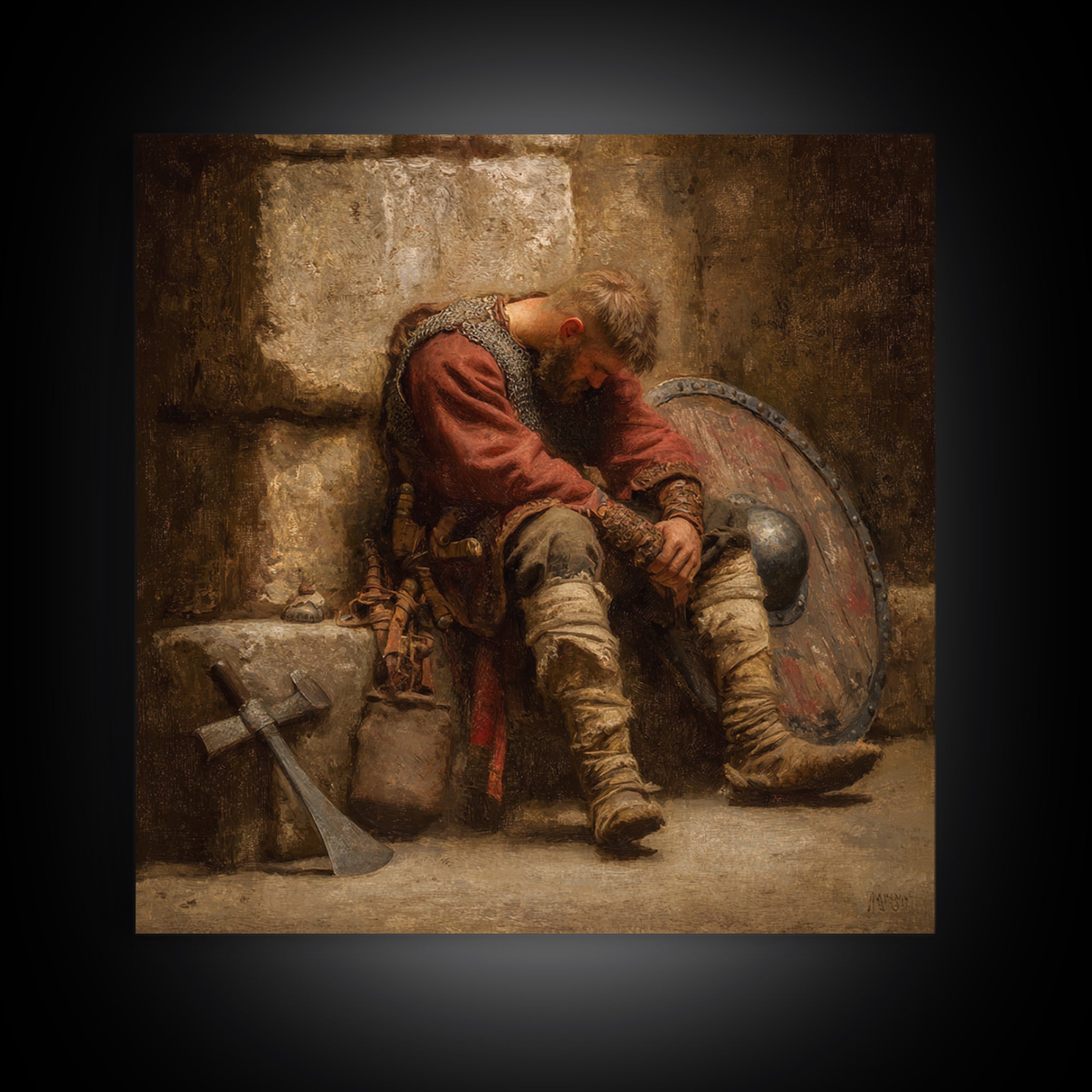 Exhausted Viking Warrior Wall Art, Medieval Shield And Axe Painting, Rustic Historical Canvas Print For Man Cave And Office Decor