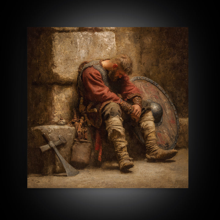 Exhausted Viking Warrior Wall Art, Medieval Shield And Axe Painting, Rustic Historical Canvas Print For Man Cave And Office Decor