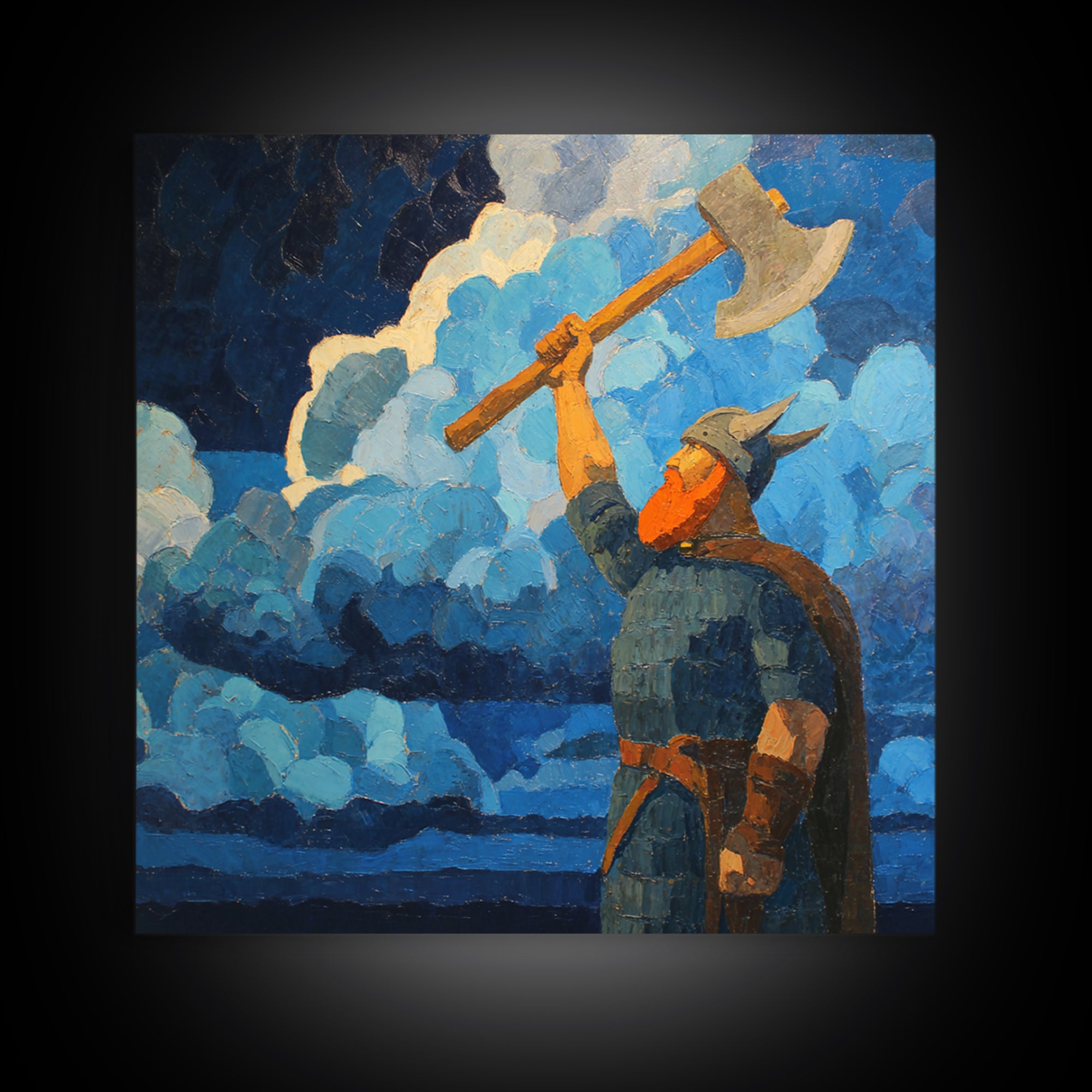 Viking Warrior With Axe Oil Painting Wall Art, Bold Nordic Mythology Art Print, Masculine Office Decor Living Room Art
