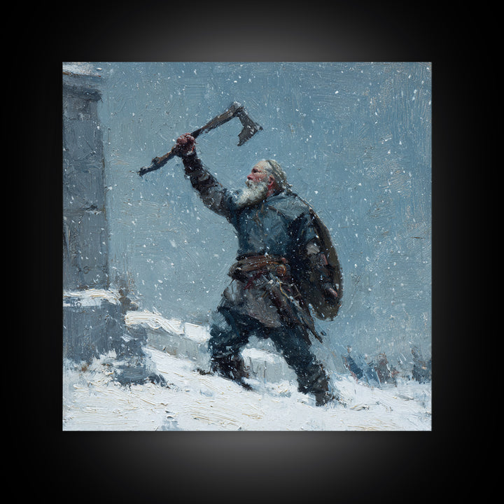 Snowy Viking Warrior Raising Axe Canvas Print, Norse Wall Art, Winter Landscape Art, Rustic Home Decor, Gift For Him, Cabin Decor