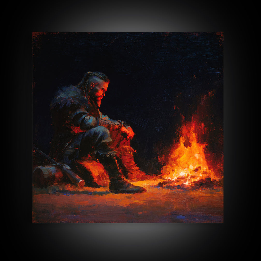 Viking Warrior Beside Fire Framed Canvas Print, Dark Fantasy Art, Nordic Wall Decor, Masculine Man Cave Office Decor Gift For Him