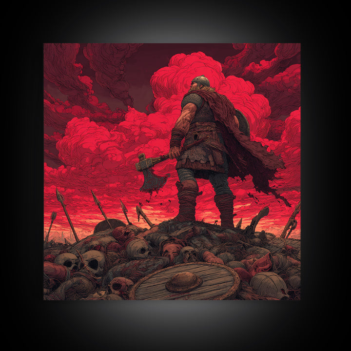 Viking Warrior On Skull Battlefield, Red Apocalypse Wall Art, Norse Fantasy Canvas Print, Dark Masculine Decor, Gift For Him