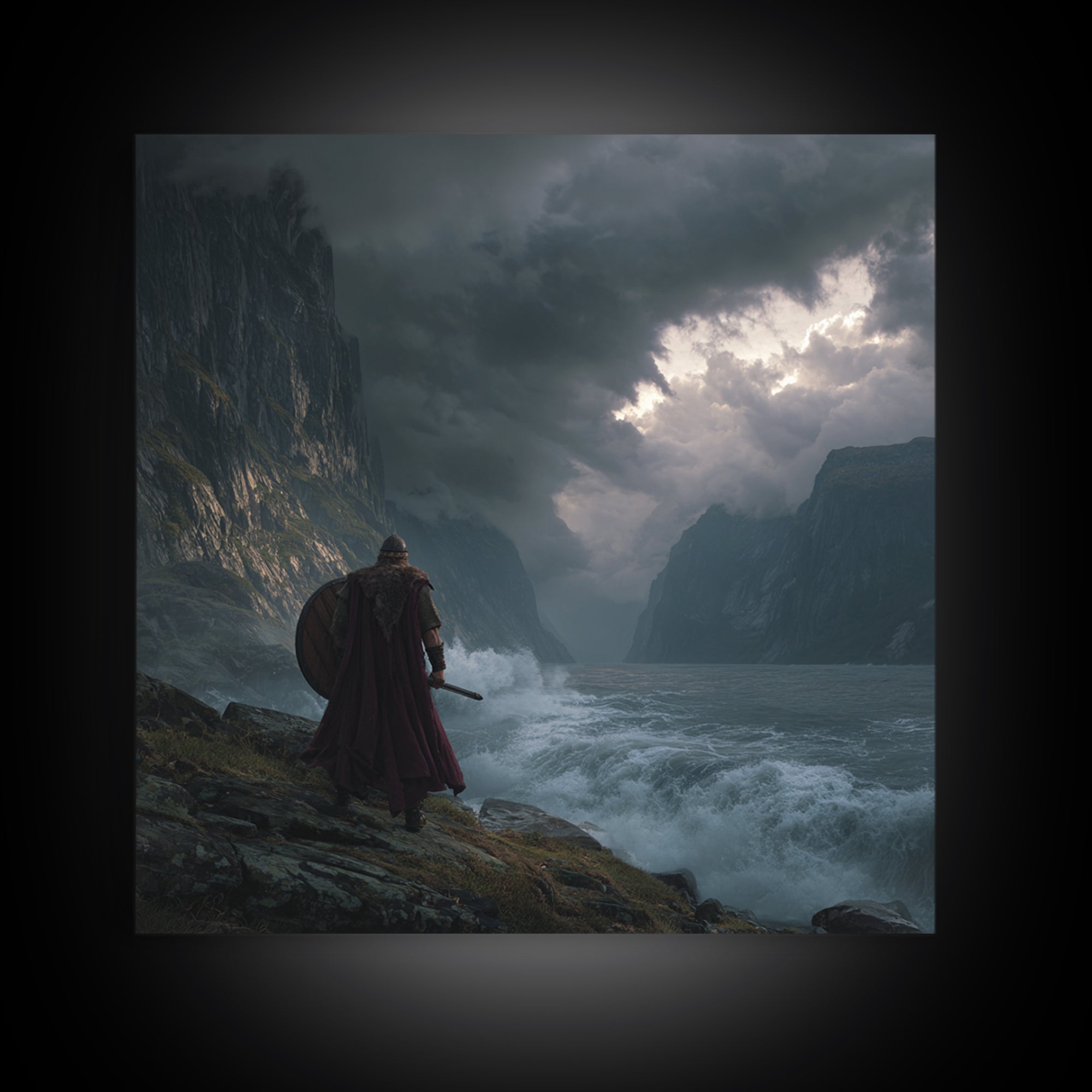 Viking Warrior Over Stormy Fjord Wall Art, Nordic Landscape Canvas Print, Moody Seascape, Nautical Decor, Gift For Him, Coastal Wall Art
