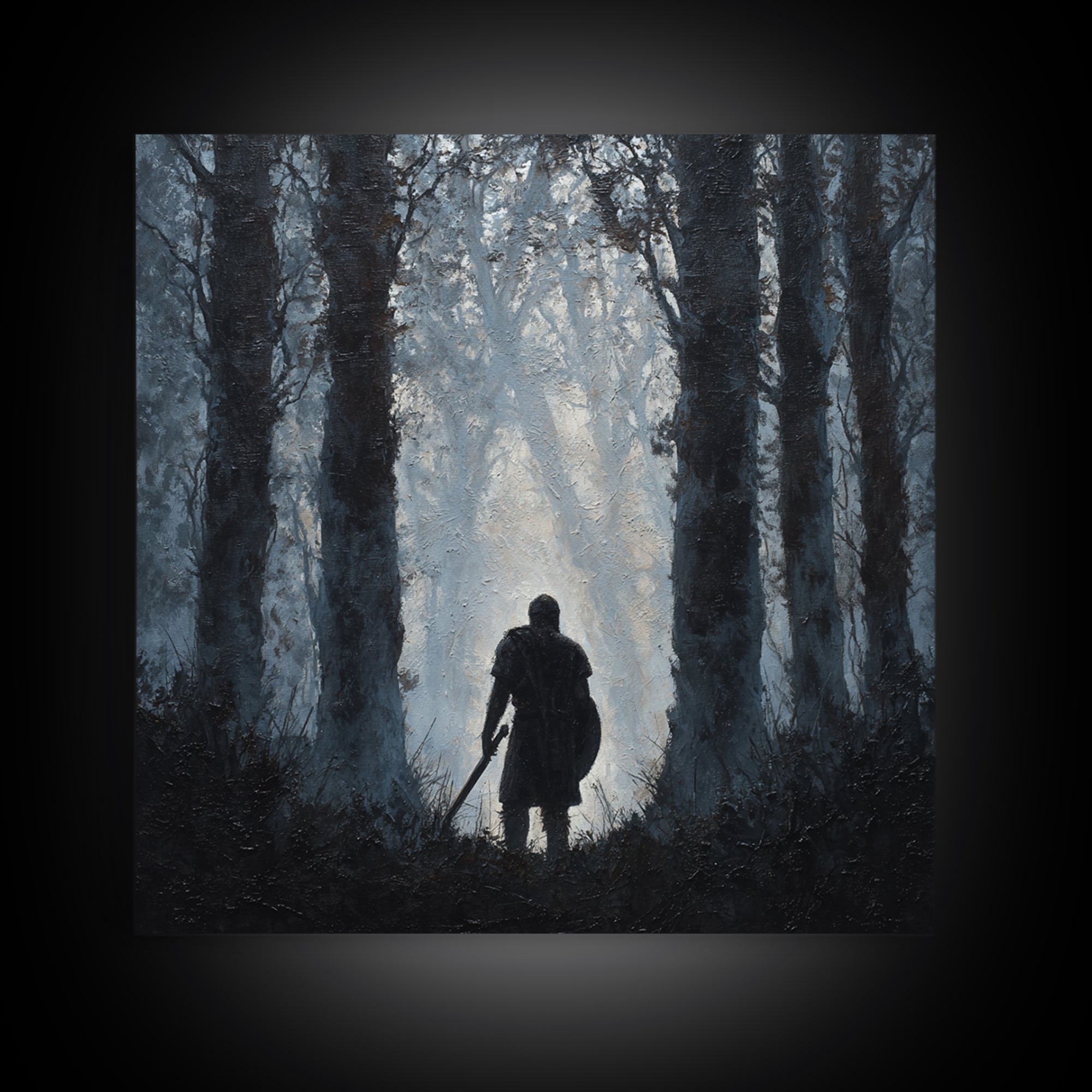 Dark Warrior In Misty Forest Wall Art, Medieval Fantasy Oil Painting, Moody Landscape Print, Gothic Home Decor Gift For Him