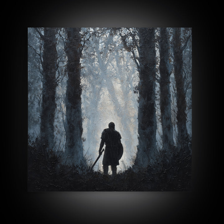 Dark Warrior In Misty Forest Wall Art, Medieval Fantasy Oil Painting, Moody Landscape Print, Gothic Home Decor Gift For Him
