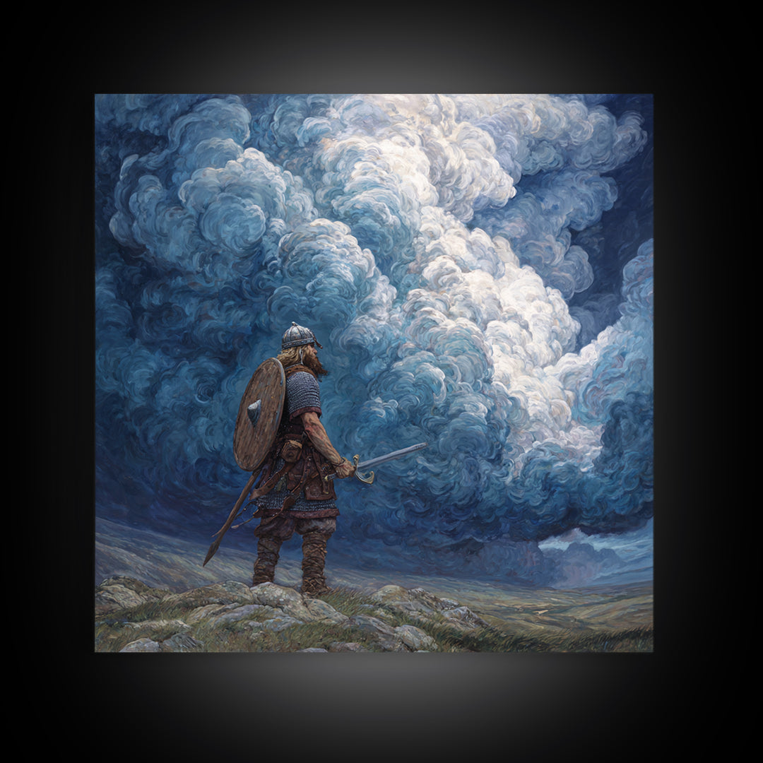 Viking Warrior Beneath Storm Clouds Wall Art, Nordic Fantasy Landscape, Dramatic Blue Canvas Print, Masculine Rustic Decor
