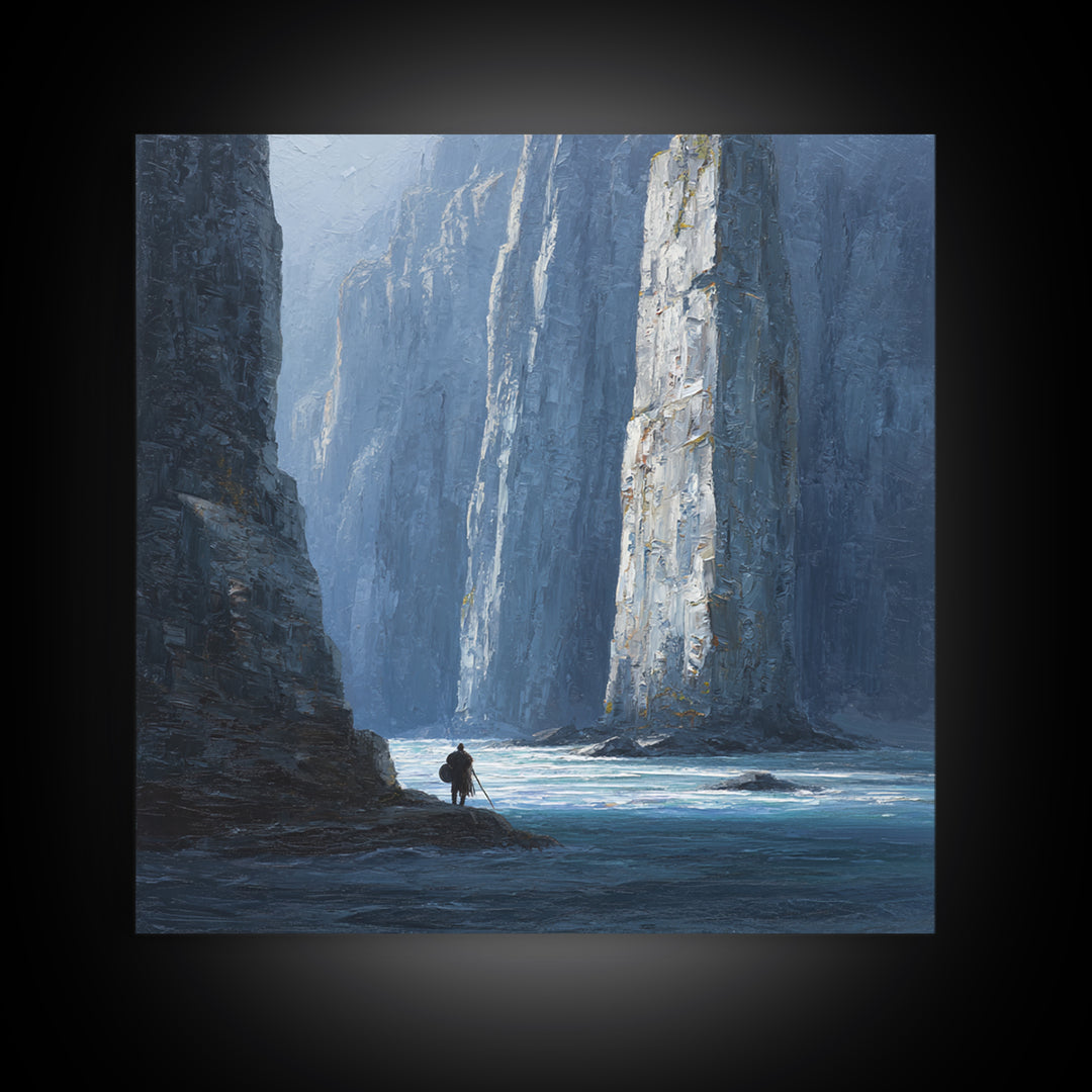 Lone Traveler In Blue Canyon Canvas Print, Misty Cliff Landscape Painting, Moody Nature Wall Art For Living Room Decor Gift