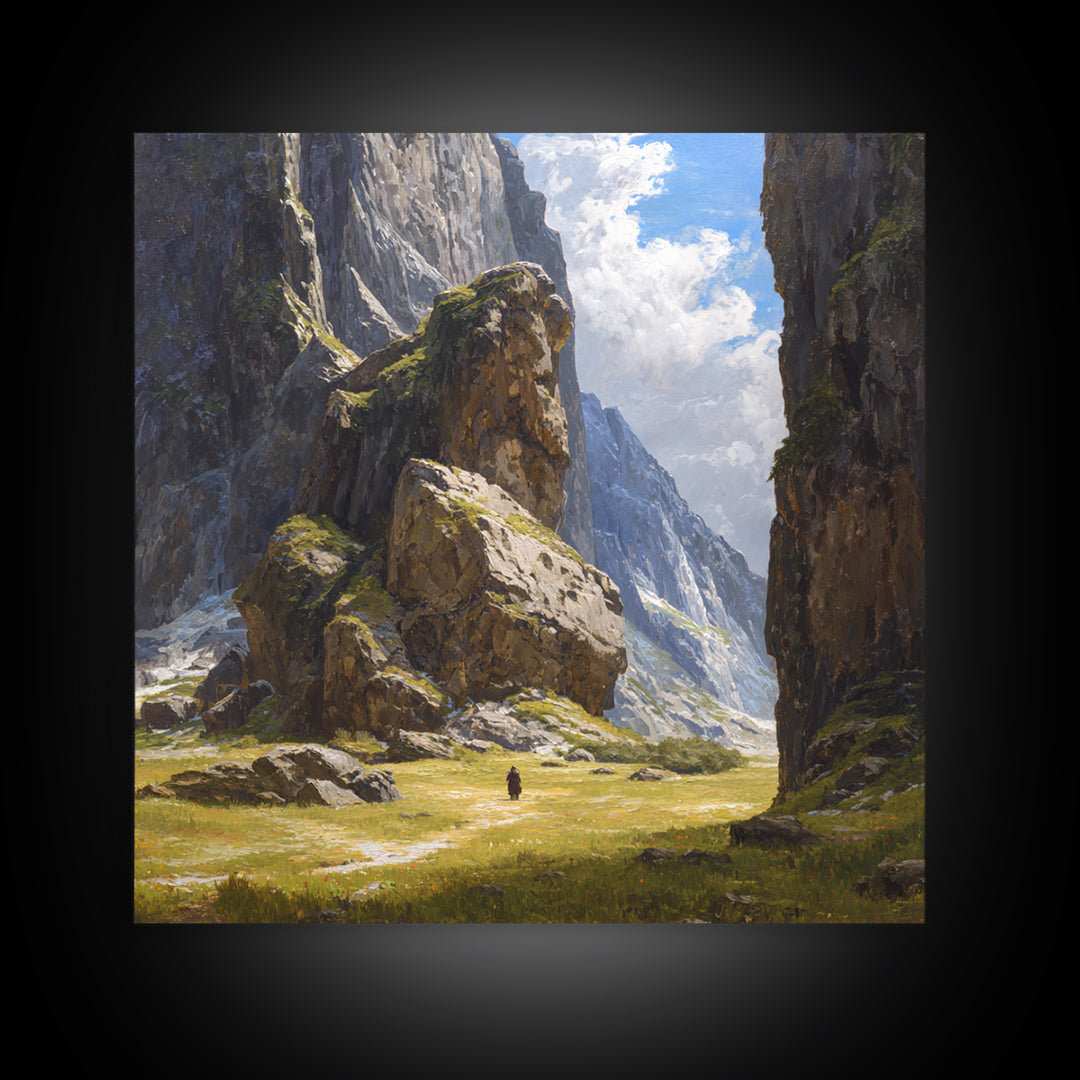 Majestic Alpine Canyon With Lone Traveler Wall Art, Mountain Landscape Painting, Nature Canvas Decor, Large Living Room Art